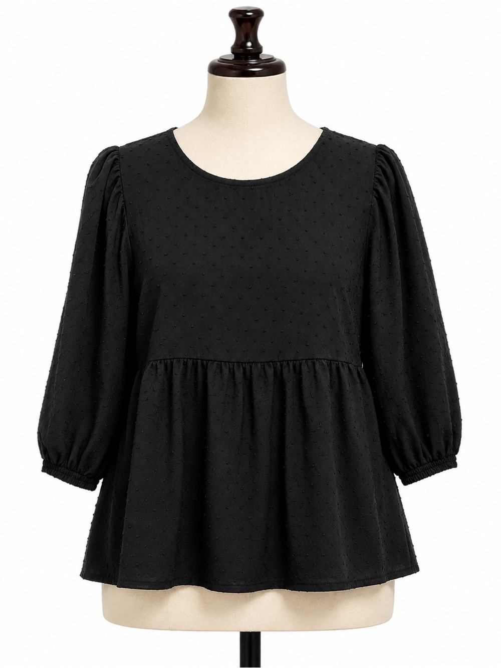 Time and Tru Black Peplum Blouse with Swiss Dot Texture